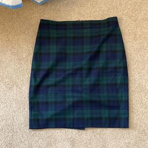 J Crew pencil skirt, size 4. Blue and green tartan. 21 inches long. Lined  EUC